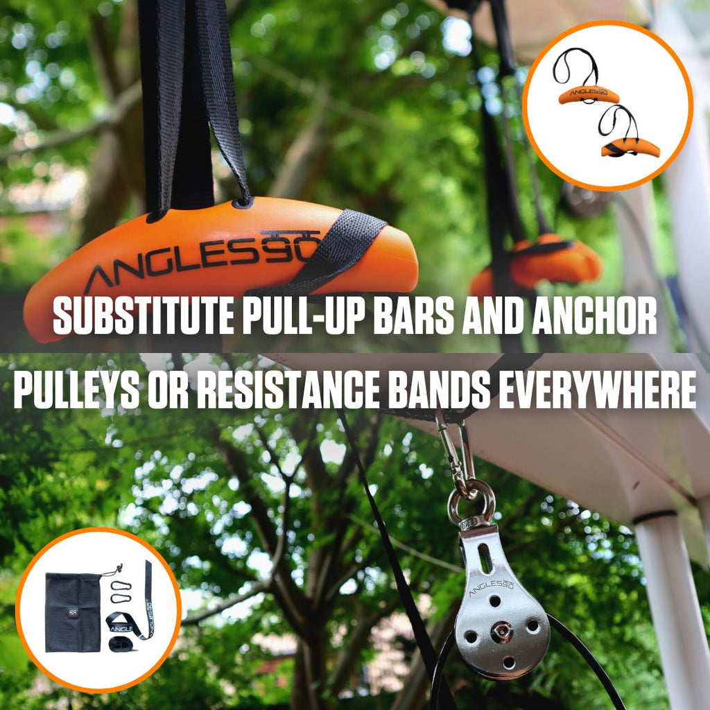 A portable fitness setup featuring the A90 Full Set hanging alongside A90 Resistance Bands pulleys, highlighting versatile workout options that can be anchored anywhere.