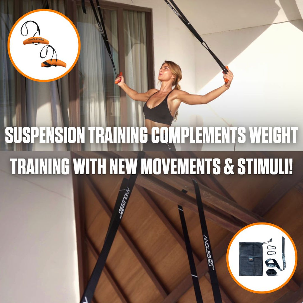 A woman engages in suspension training indoors with the A90 Full Set, showcasing the versatility and added challenge it brings to a fitness routine.
