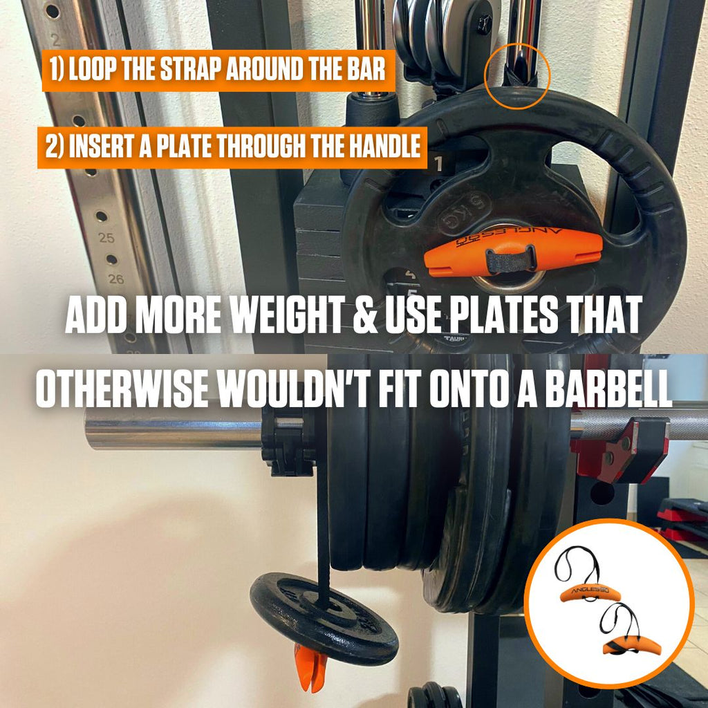 A gym setup featuring an innovative method to add more weight to a barbell by looping a strap around the bar and inserting a weight plate through the handle, illustrated with clear instructions using A90 Full Set.