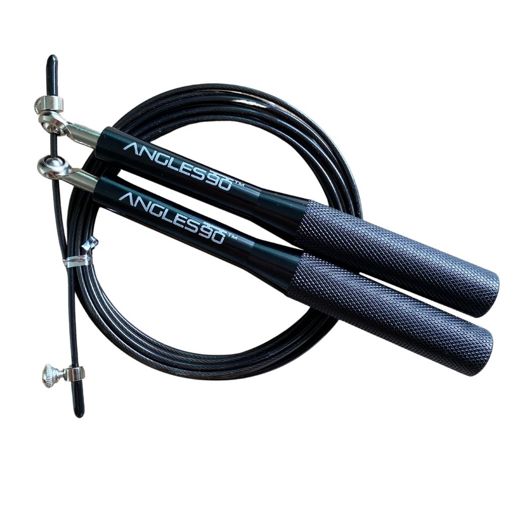 A A90 Jump Rope with metal handles and an adjustable steel cable, isolated on a black background.