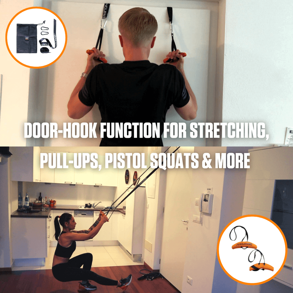 Versatile home workout: enhance your fitness routine with A90 Full Set Resistance Bands for pull-ups, stretching, pistol squats, and more exercises.